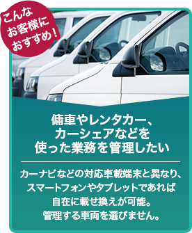 傭車やレンタカー、 カーシェアなどを 使った業務を管理したい